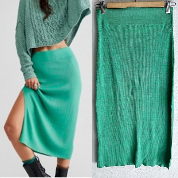 Free People Golden Hour Knit Midi Skirt Green Sz XS - Picture 1 of 5